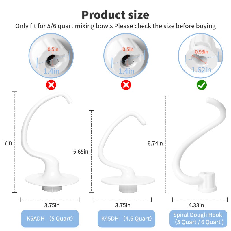 UP2WIN Spiral Dough Hook Replacement for Kitchen Aid Mixer - Coated Dough Hook for K5SS K5A KSM5 KS55 Pro 600, Dough Attachment for Kitchen aid Lift Stand Mixer, Work with kitchen Aid 5 qt / 6 qt Lift - Image 3